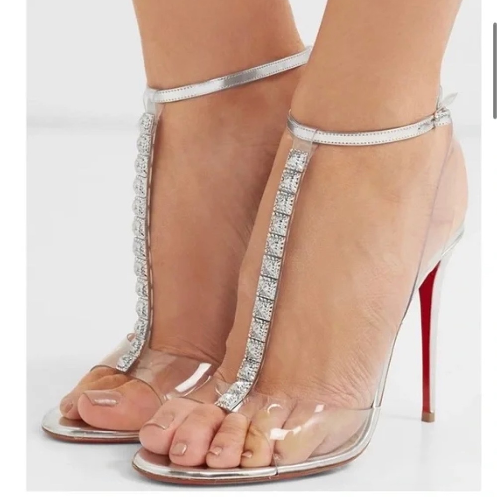 Christian Louboutin Jamais Assez Stud PVC Silver Heel T Strap Sandals sz 38 8